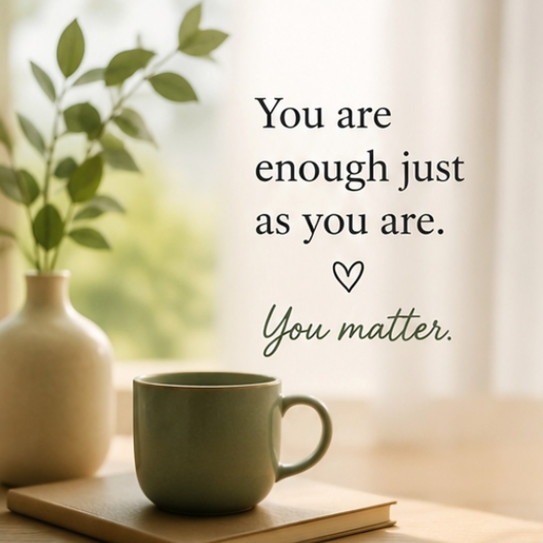 A sage mug and plant by a window with the words You are enough just as you are. You matter.