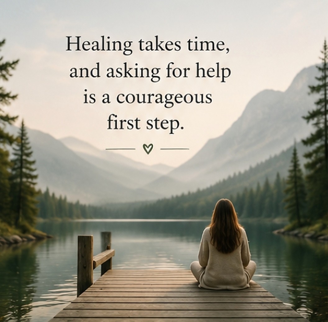 A person sitting on a dock facing a mountain lake with the words Healing takes time, and asking for help is a courageous first step.